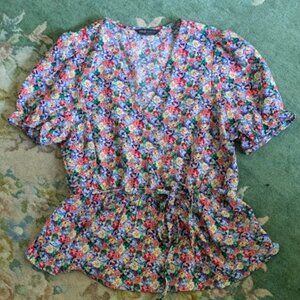 M&S Marks Spencer Women Sz US 10 UK 14 Shirt Top Floral Puff Peplum Tie Waist